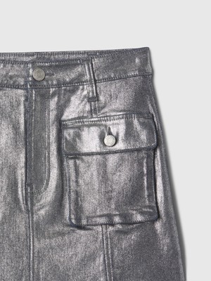 Kız Çocuk Gri Parlak Kargo Denim Etek