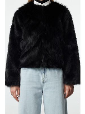 FRM Kadın Moda Şık Bol Bisiklet Yaka Standart Düz Astarlı Oversize Kürk Mont