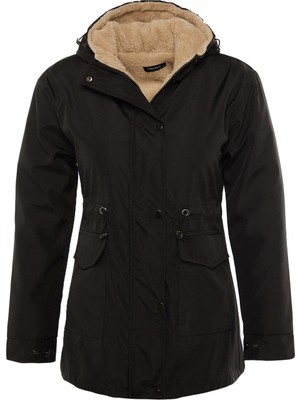 FRM Kadın Moda Şık Regular Kapüşonlu Yaka Midi Düz Astarlı Kapüşonlu Içi Kürklü Su Itici Parka Kaban