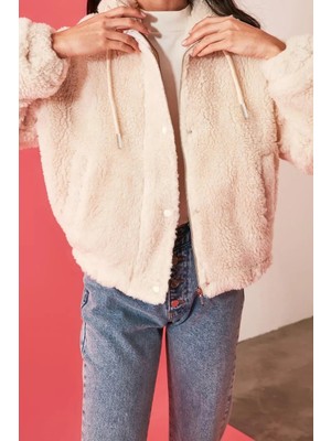 FRM Kadın Moda Şık Oversize Dik Yaka Standart Düz Astarlı Oversize Fermuarlı Peluş Mont