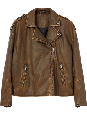 FRM Kadın Moda Şık Oversize Ceket Yaka Standart Düz Astarlı Yıkama Efektli Suni Deri Biker Ceket Mont