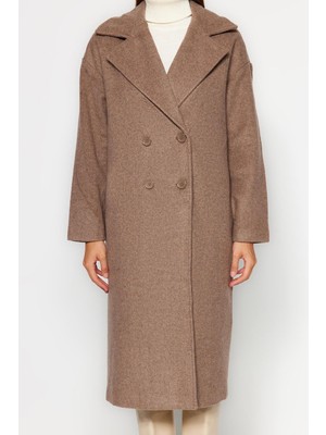 FRM Kadın Moda Şık Oversize Ceket Yaka Uzun Düz Astarlı Oversize Geniş Kesim Uzun Yünlü Kaşe Kaban