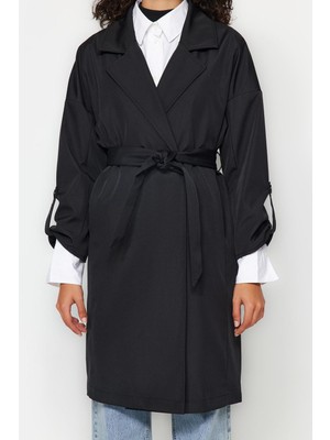 FRM Kadın Moda Şık Oversize Ceket Yaka Midi Düz Astarlı Oversize Kuşaklı Su Itici Uzun Trençkot