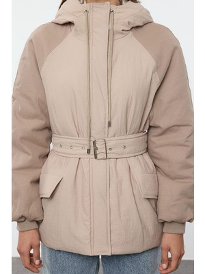 FRM Kadın Moda Şık Bol Kapüşonlu Yaka Midi Düz Astarlı Oversize Kemerli Kapüşonlu Parka Mont