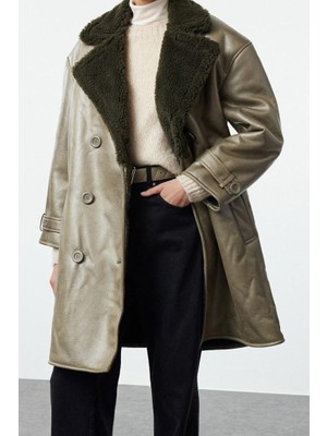 Ersefa Tasarım Düz Astarlı Yaka Uzun Bol Ceket Kadın Yakası Kürk Detaylı Oversize Uzun Kaban