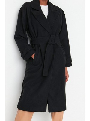 Ersefa Tasarım Düz Astarlı Yaka Uzun Bol Ceket Kadın Oversize Geniş Kesim Kemerli Uzun Yünlü Kaşe Kaban