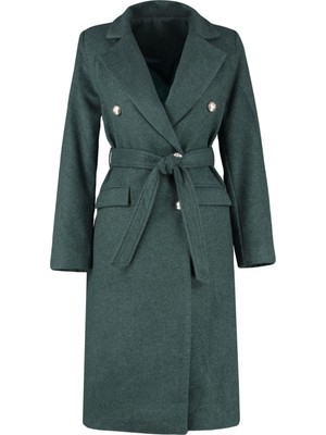 Ersefa Tasarım Düz Astarlı Yaka Uzun Fitted Ceket Kadın Fitted Kuşaklı Gold Düğmeli Uzun Yünlü Kaşe Kaban