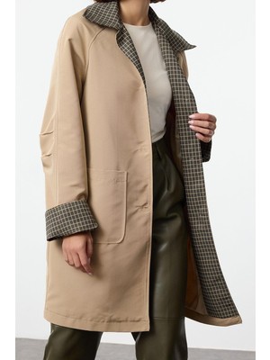 Ersefa Tasarım Ekose Astarlı Yaka Uzun Regular Gömlek Kadın Ekose Astarlı Regular Midi Trençkot
