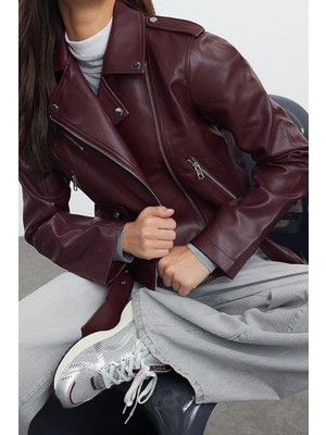 Ersefa Tasarım Düz Astarlı Yaka Standart Regular Ceket Kadın Regular Suni Deri Biker Ceket Mont
