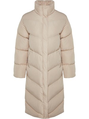 FRM Kadın Moda Şık Regular Dik Yaka Uzun Düz Astarlı Yandan Fermuar Detaylı Su Itici Uzun Şişme Mont