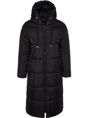 FRM Kadın Moda Şık Regular Kapüşonlu Yaka Uzun Düz Astarlı Kapüşonlu Su Itici Uzun Şişme Mont