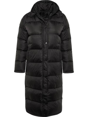 FRM Kadın Moda Şık Regular Kapüşonlu Yaka Uzun Düz Astarlı Kapüşonlu Su Itici Uzun Şişme Mont