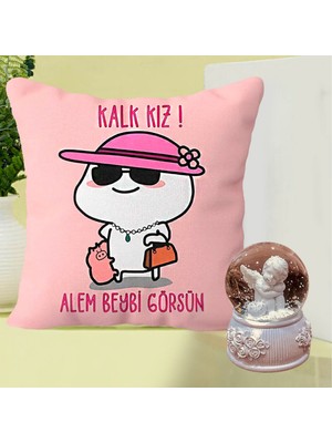 Md Kalk Kız Alem Beybi Görsün Yastık & Beyaz Melek Işıklı Kar Küresi