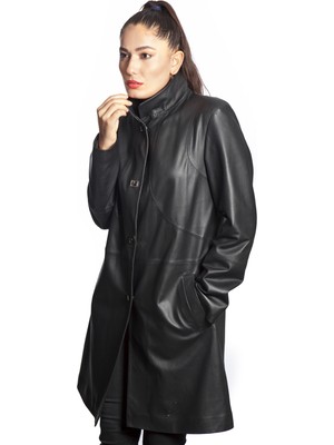 Duaerte Hakiki Deri Siyah Frenç Kadın Mont