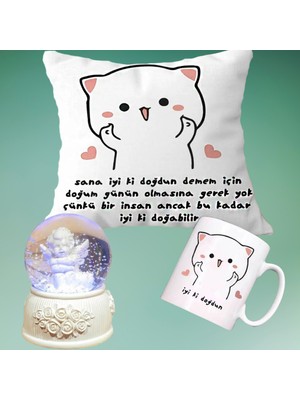 Md Iyi Ki Doğdun Doğum Günü Yastık & Kupa & Beyaz Melek Işıklı Kar Küresi