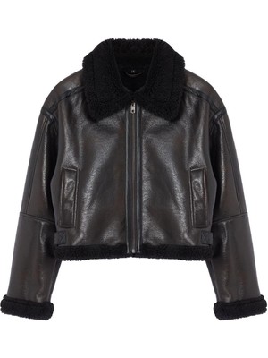 FRM Kadın Moda Şık Oversize Gömlek Yaka Standart Düz Astarsız Peluş Detaylı Biker Ceket Mont