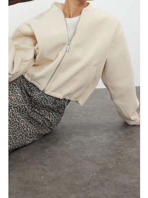 Ersefa Tasarım Düz Astarlı Yaka Standart Oversize Hakim Kadın Oversize Kaşe Bomber Ceket Mont