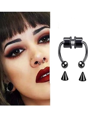 Pazar Durağı Siyah Mıknatıslı Fake Burun Piercing -Top ve Ok Uçlu Paslanmaz Septum Deliksiz Pirsing