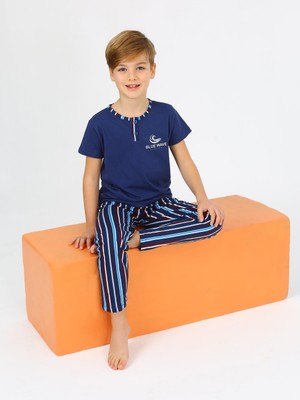 Vitmo Erkek Çocuk Kısa Kollu  Pamuklu Düğme Detaylı Wave Pijama Takımı