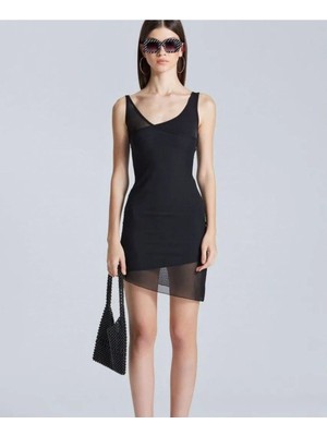 Tül Detay Kalın Askılı Elbise