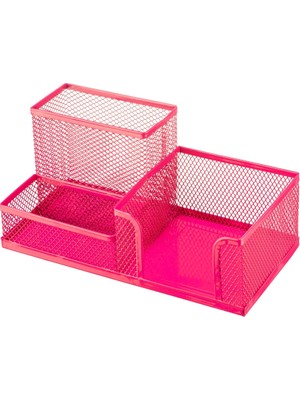 Bigpoint | 3 Gözlü Metal Masa Düzenleyici, Kaydırmaz Tabanlı ve Paslanmaz Kalemlik - Kağıtlık - Ataşlık Pembe