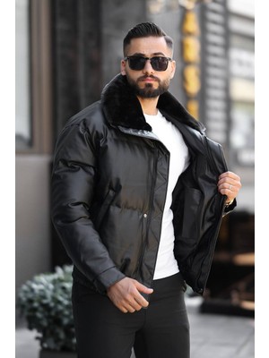 Prifaldi Erkek Kürk Yaka Su ve Soğuk Geçirmez Dolum Deri Şişme Mont Siyah