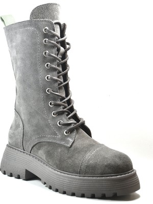 Onlo Ayakkabı ER.330 Hakiki Deri Nubuk Gri Uzun Kadın Postal Bot