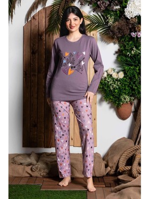 Meri Kadın Mürdüm Sıfır Yaka Uzun Kol Likralı Desenli Kadın Pijama TAKIMIK803152