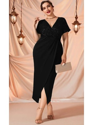 For Esrabıg Trend Kadın Kruvaze Yaka Üst Pul Payet Kısa Kol Ön Yırtmaç Sandy Esnek Abiye Elbise