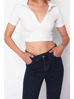 Moda Bisiklet Yaka Örme Regular Düz Desen Casual Günlük Crop Kısa Kol Bluz