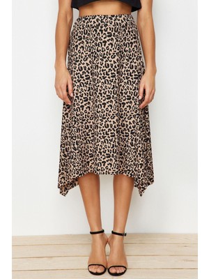 Moda Relaxed Animal Desen Günlük Midi Boy Leopar Desenli Volanlı Asimetrik Midi Esnek Örme Etek