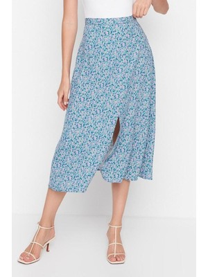 Ersefa Moda A-Line Çiçekli Desen Günlük Midi Boy Yırtmaç Detaylı Viskon Kumaşlı Midi Boy Dokuma Etek