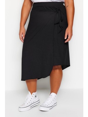 Ersefa Moda Büyük Beden Relaxed Düz Desen Günlük Midi Boy Anvelop Yandan Bağlamalı Örme Etek