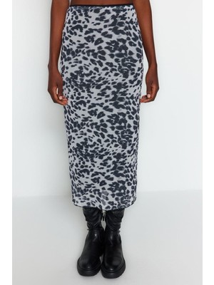 Ersefa Moda Slim Baskılı Desen Günlük Maxi Boy Leopar Animal Desenli Esnek Tül Maxi Örme Etek