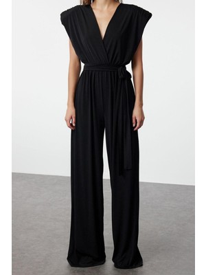 Ersefa Kadın Moda Standart Kol Geniş Paça Kruvaze Düz Desen Regular V Yaka Kuşaklı Örme Tulum