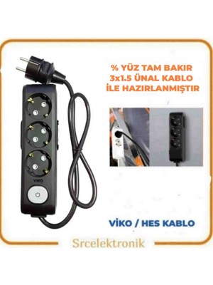 Viko Multi-Let 3 Lü  Siyah (1 ile 10 Metre Arası) Anahtarlı Topraklı Çocuk Korumalı Uzatma ( 3x1.5 Ünal Kablo Tam Bakır) Ttr Kablo Tseli HO5VV