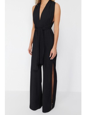 Ersefa Kadın Moda Standart Kol Geniş Paça V Yaka Düz Desen Uzun Siyah Kuşaklı Dokuma Tulum