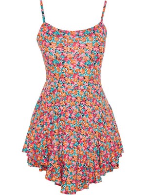 Ersefa Kadın Moda Dar Paça Kare Yaka Puantiyeli Desen Kısa Baskılı Askılı Volanlı Şortlu Mini Örme Tulum