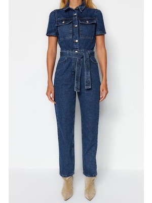 Ersefa Kadın Moda Standart Kol Boru Paça Ceket Yaka Düz Desen Uzun Kemerli Denim Tulum