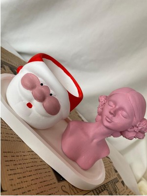 Loş Dükkan Noel Baba Saksı - Kadın Şekilli  Mum ve Organizer Tabak 3 Lü Set   -Yılbaşı Hediyesi Dekoru