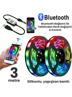 Upway 3 Metre Bluetoothlu Müziğe Duyarlı Su Geçirmez Kesilebilir Silikonlu Kumandalı USB Rgb Şerit LED