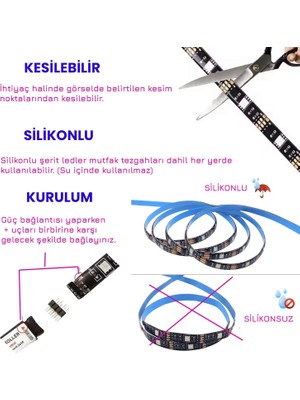 Upway 3 Metre Bluetoothlu Müziğe Duyarlı Su Geçirmez Kesilebilir Silikonlu Kumandalı USB Rgb Şerit LED