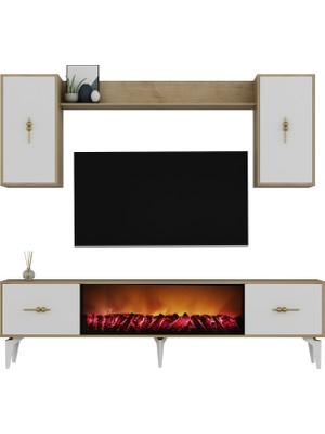 Demonte Decor Sinta 180 cm Şömineli Tv Ünitesi Takımı Safir-Beyaz