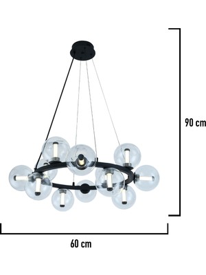 Apliqa Neval 12'li Yuvarlak Siyah 13 Watt Gold Oturma Odası, Salon Sarkıt Avize