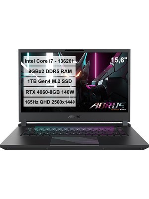 Gigabyte Aorus 15 BKF Intel Core i7-13620H 16GB DDR5 RAM 1TB M.2 SSD RTX4060-8GB 140W 15.6'' QHD 165Hz Freedos