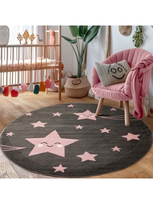 Carpettex Yuvarlak Çocuk Bebek Odası Halısı Yıldız Desenli Halı Gri Pembe