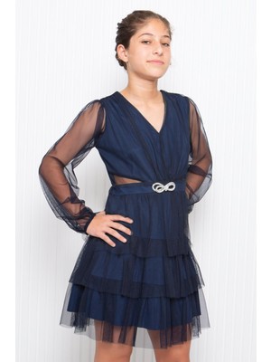 Modaviki Taş Aksesuar Detaylı Tül Çocuk Abiye Lacivert MDV358