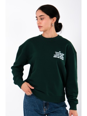 Coredra Never See Me Again Relaxed Fit Sweatshirt Kadın - Yeşil