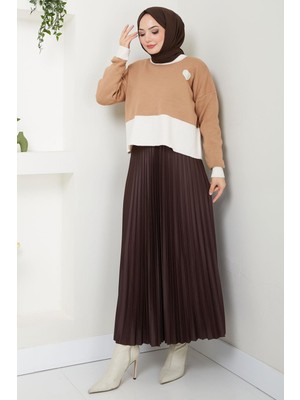 Kalp Detaylı Iki Renkli Crop Kazak Camel HM2575