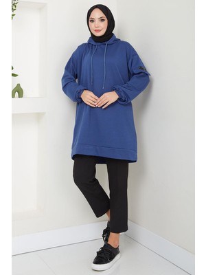 Hafsamina Kapüşonlu Kolu Cep Detaylı Sweatshirt Tunik Indigo HM2582